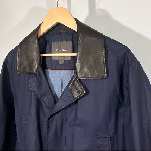 Lambskin waxed Cole Haan Navy Field Coat Leather Collar Cotton Nylon Car Coat L - Picture 3 of 9